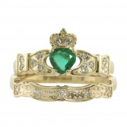 14ct Gold Claddagh Diamond and Emerald Ring 8115